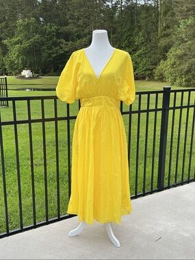 Banana Republic Sunny Yellow V-Neck Puff Sleeve Midi Dress
